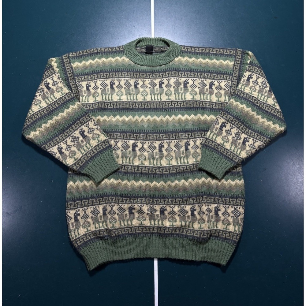 Alpaca‎ Sweater Men's Medium Green Llama Pattern Crewneck Knit Peruvian Aztec